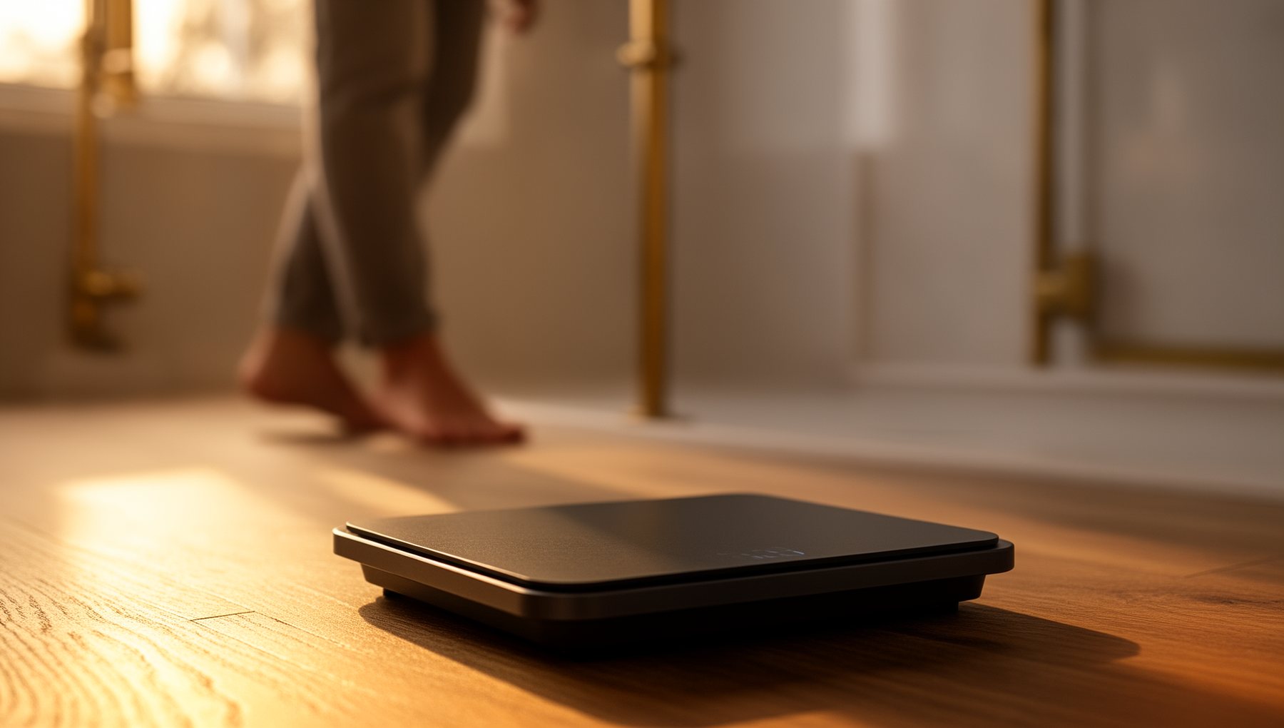 A dark charcoal bathroom scale on oak flooring in warm morning light, a person stepping toward it